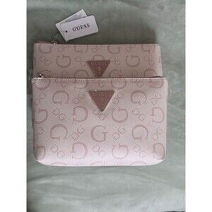 GUESS Pink Logo Print Pouch Set 2 Piece Makeup Cosmetic Travel Bag NWT